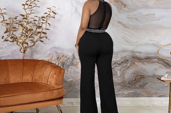 Women Sleeveless Mesh Patchwork Wide Leg Black Jumpsuit