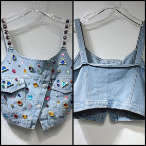 Women Fashion Sleeveless Crystal Button Up Denim Crop Top