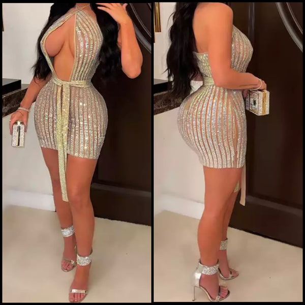 Women Sexy Hollow Out Sleeveless Mesh Bling Dress