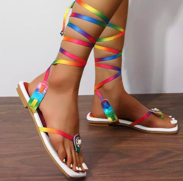 Women Fashion Flat Rainbow Lace Up Sandals