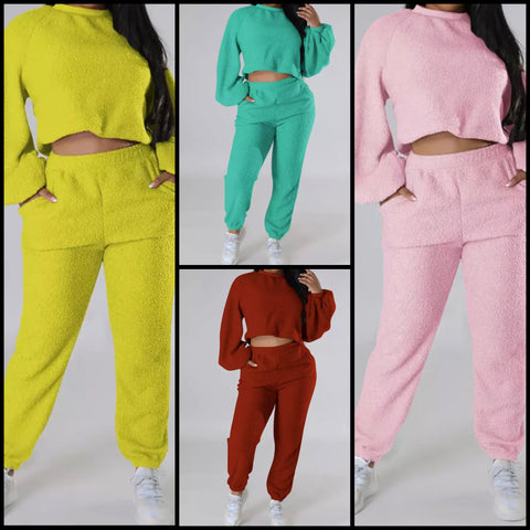 Women Fashion Warm Full Sleeve Crop Two Piece Pant Set