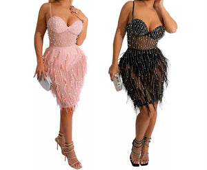 Women Sexy Sleeveless Mesh Beaded Feather Dress