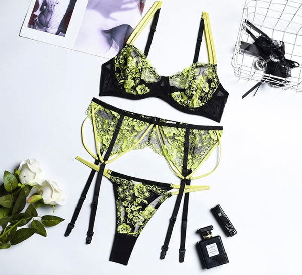 Women Neon Floral Lace Three Piece Lingerie Set