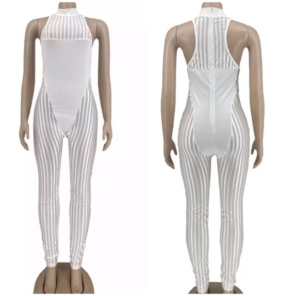 Women Sexy Sleeveless Striped Mesh Patchwork Fashion Jumpsuit