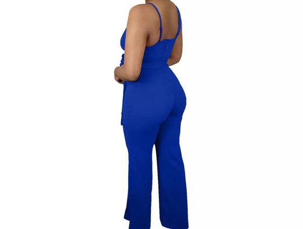 Women Sleeveless Belted Solid Color Fashion Jumpsuit