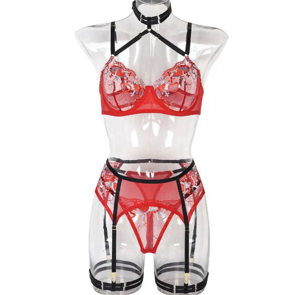 Women Sexy Heart Mesh Color Patchwork Lingerie Set