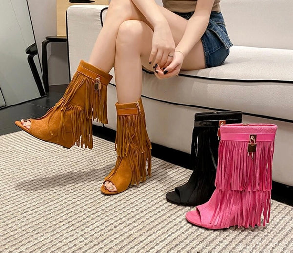 Women Fashion Suede Wedge Tassel Open Toe Lock Ankle Boots