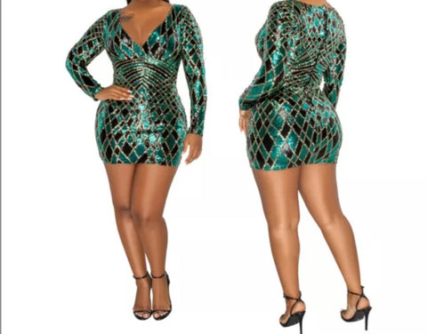 Women Sexy Sequins V-Neck Long Sleeve Dress