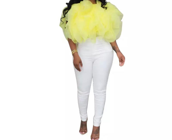 Women Solid Color Ruffled Mesh Crop Top