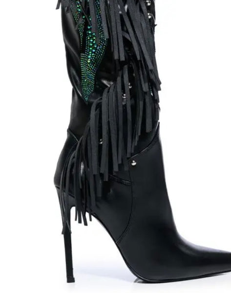 Women Faux Leather Tassel Rhinestone Over The Knee Boots