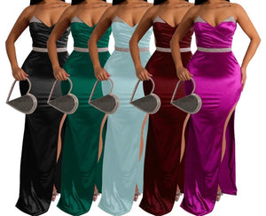 Women Sexy Satin Strapless Bling Patchwork Maxi Dress