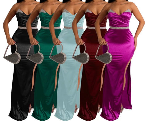 Women Sexy Satin Strapless Bling Patchwork Maxi Dress