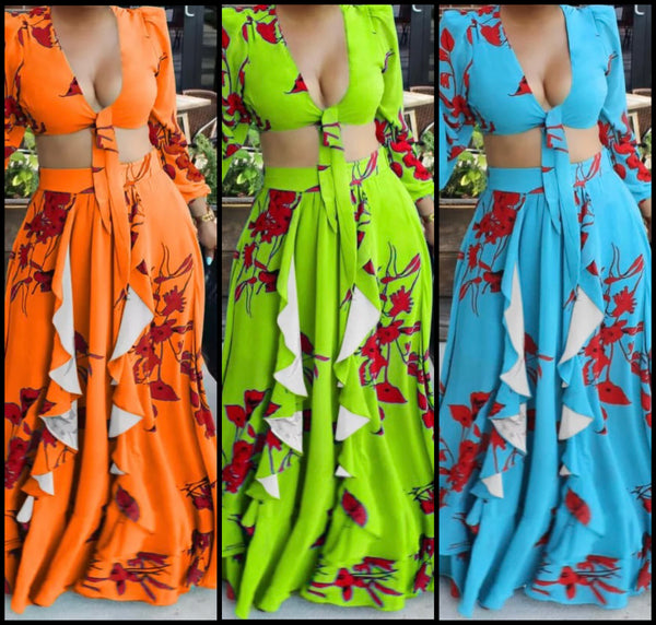 Women Sexy Long Sleeve Tie Up Floral Two Piece Maxi Skirt Set