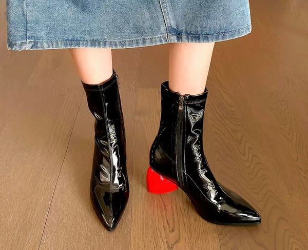 Women Fashion Patent Leather Heart Heel Ankle Boots