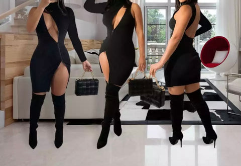 Women Sexy Black One Shoulder Double Zipper Dress