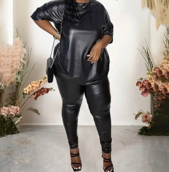 Women Fashion Black PU Short Sleeve Two Piece Pant Set