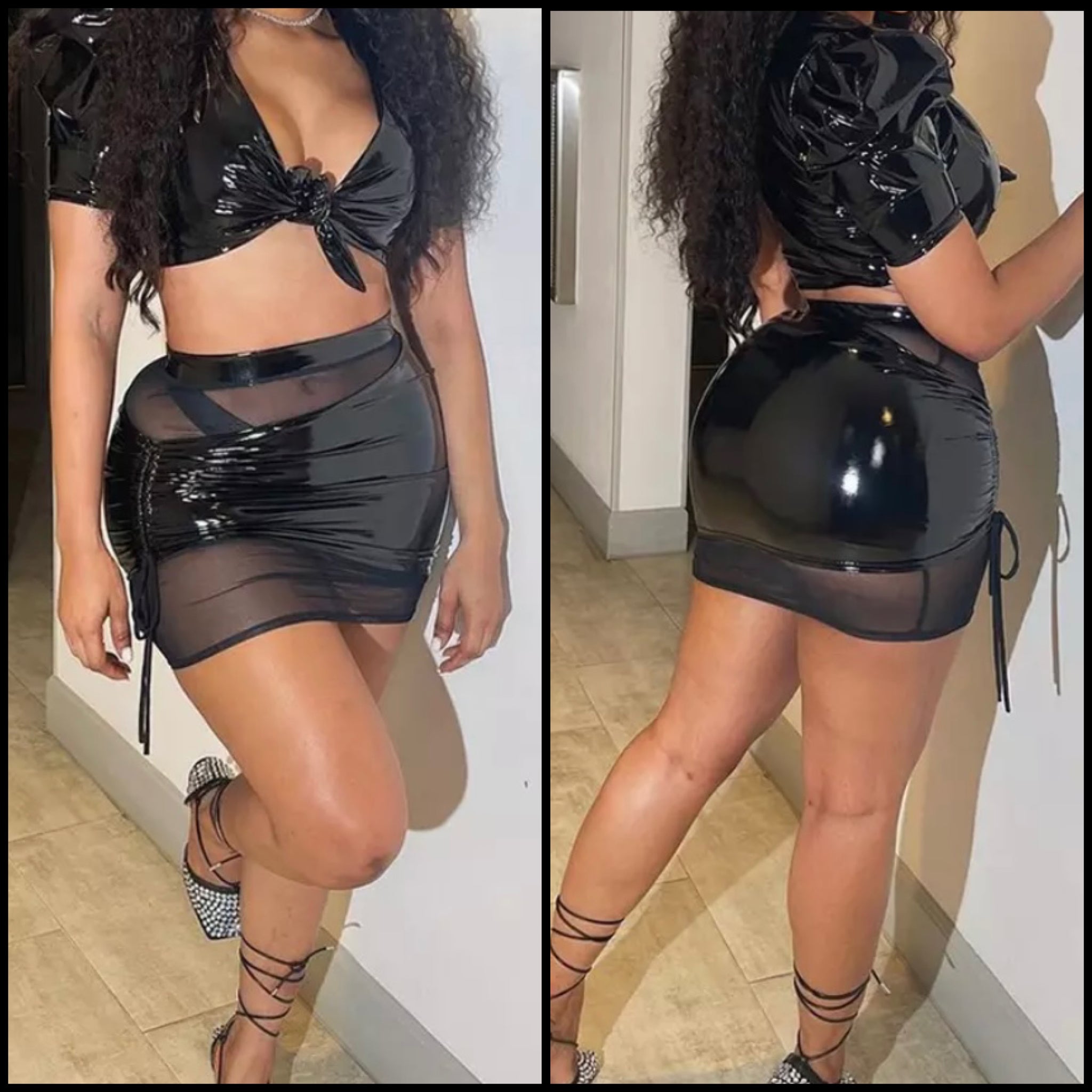 Women Sexy Black PU Mesh Patchwork Two Piece Skirt Set