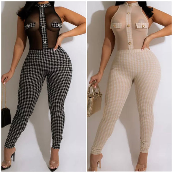 Women Sleeveless Printed Mesh Patchwork Sexy Jumpsuit