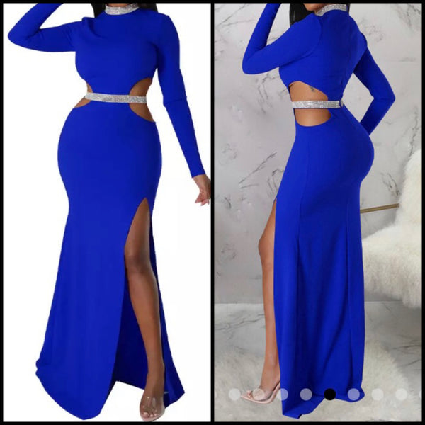 Women Sexy Bling Patchwork Full Sleeve Cut Out Maxi Dress