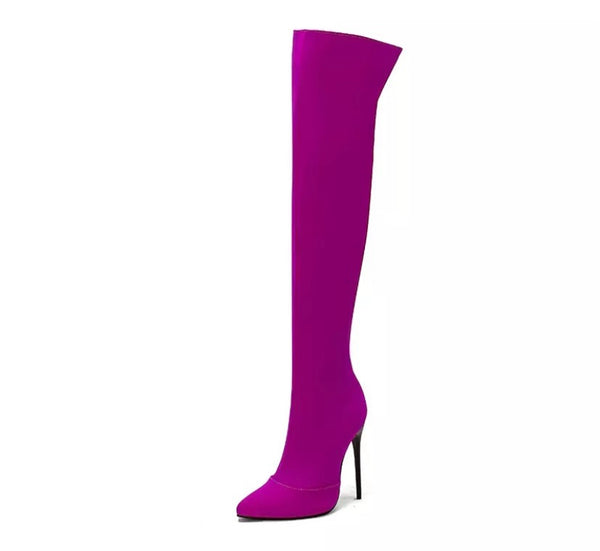 Women Color Pointed Toe High Heel Over The Knee Boots