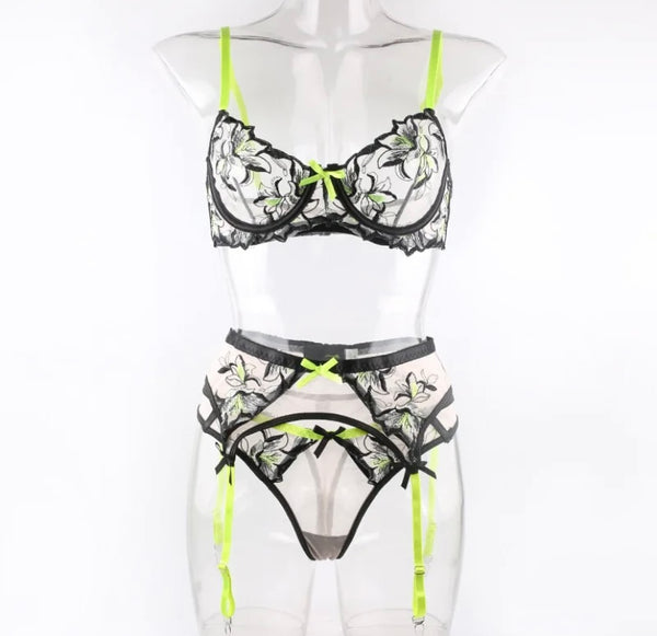 Women Sexy Black Neon Mesh Lingerie Set