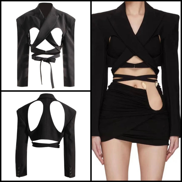 Women Sexy Black Full Sleeve Cut Out Lace Up Blazer Crop Top