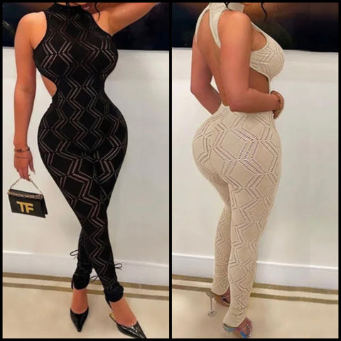 Women Sleeveless Open Back See Through Jumpsuit