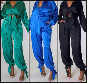 Women Solid Color Satin Button Up Two Piece Pant Set