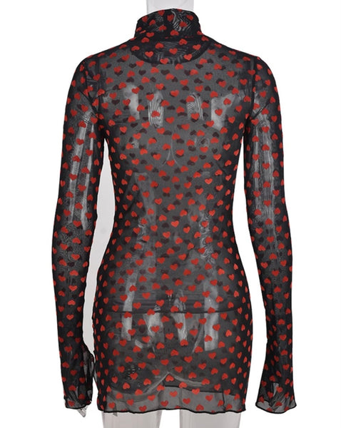 Women Heart Print Mesh Full Sleeve Sexy Dress