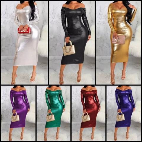 Women Sexy Solid Color Metallic Full Sleeve Dress