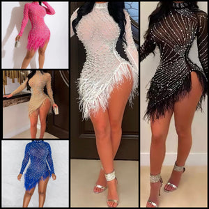 Women Sexy Beaded Mesh Feather Full Sleeve Dress