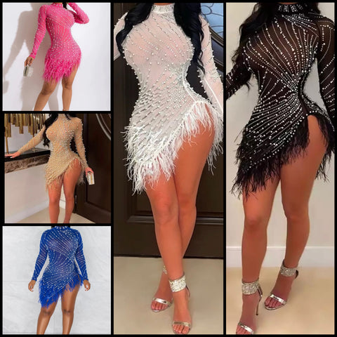Women Sexy Beaded Mesh Feather Full Sleeve Dress
