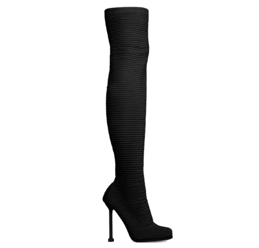 Women Fashion Ribbed Sock Knee-High Boots