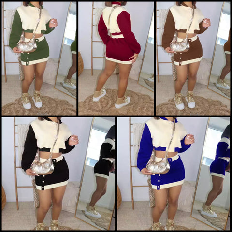 Women Button Up Varsity Two Piece Fashion Skirt Set