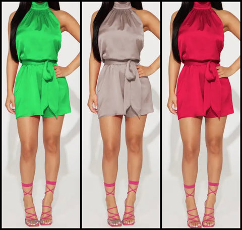 Women Sleeveless Satin Sexy Halter Romper