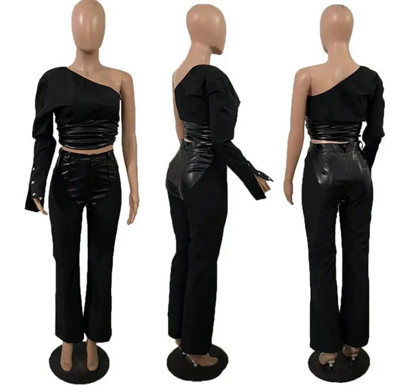 Women Fashion One Shoulder Full Sleeve Black PU Patchwork Two Piece Pant Set
