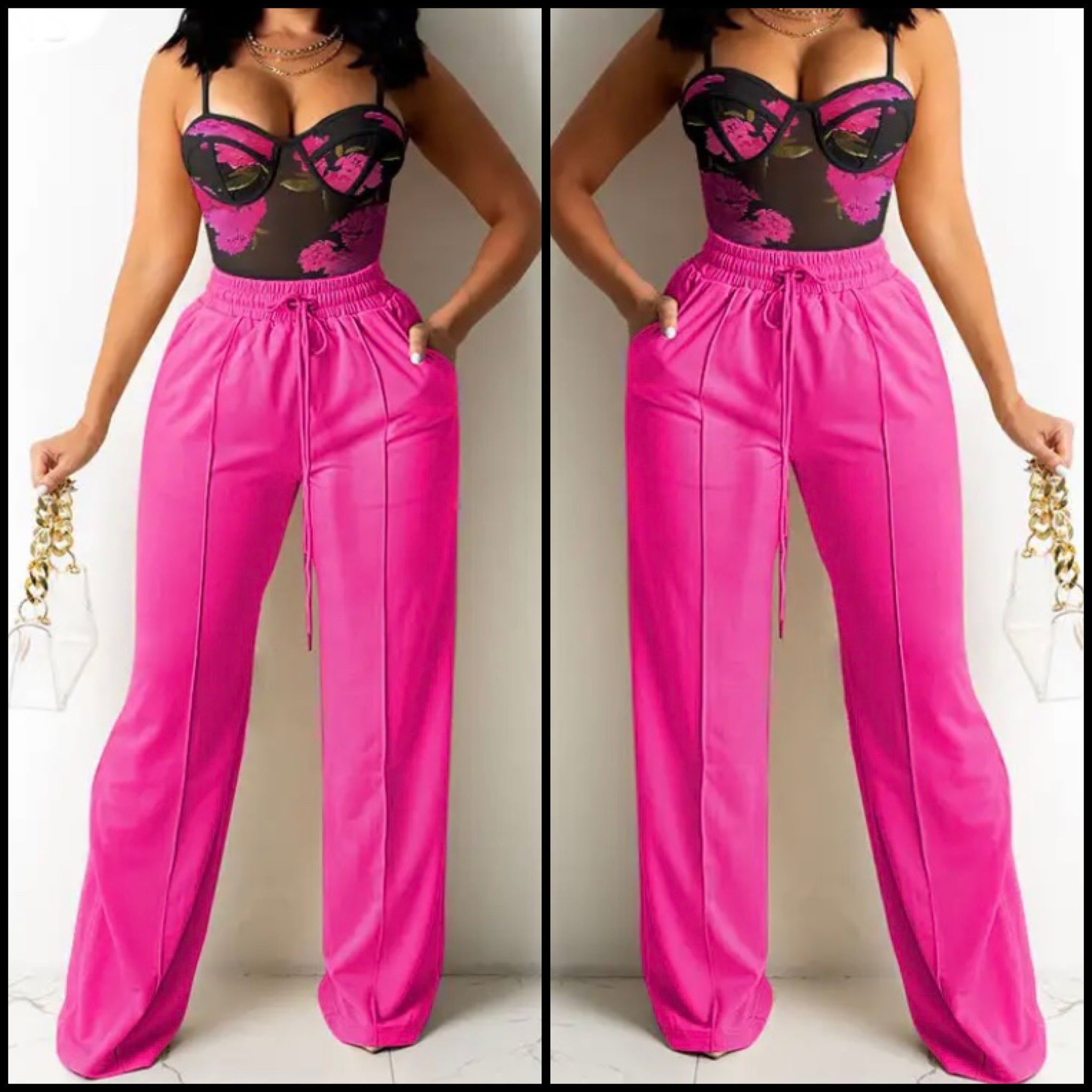 Women Sexy Printed Mesh Two Piece Drawstring Pant Set