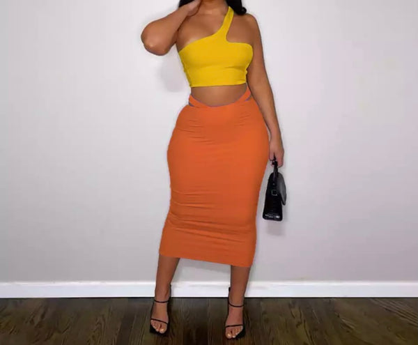 Women Sexy One Shoulder Sleeveless Crop Two Piece Maxi Skirt Set