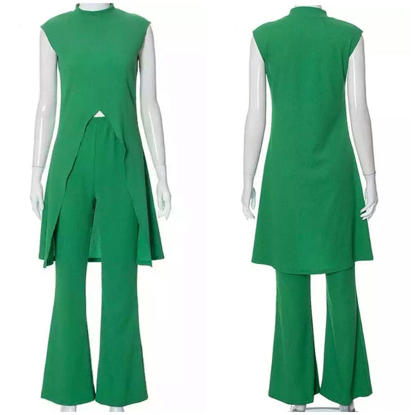 Women Sleeveless Green Fashion Two Piece Wide Leg Pant Set