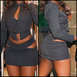 Women Sexy Striped Button Up Two Piece Mini Skirt Set