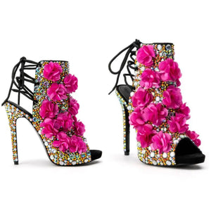 Women Fashion Bling Crystal Floral Open Toe Ankle Boots
