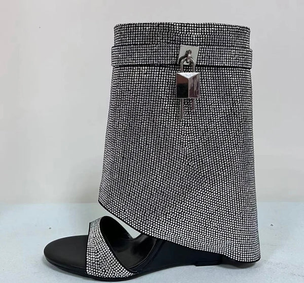 Women Bling Lock Open Toe Wedge Ankle Boots