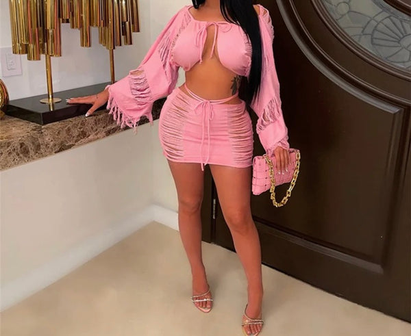 Women Sexy Ripped Full Sleeve Crop Two Piece Skirt Set