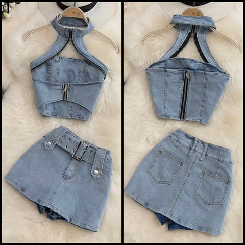 Women Halter Zipper Denim Two Piece Skirt Set