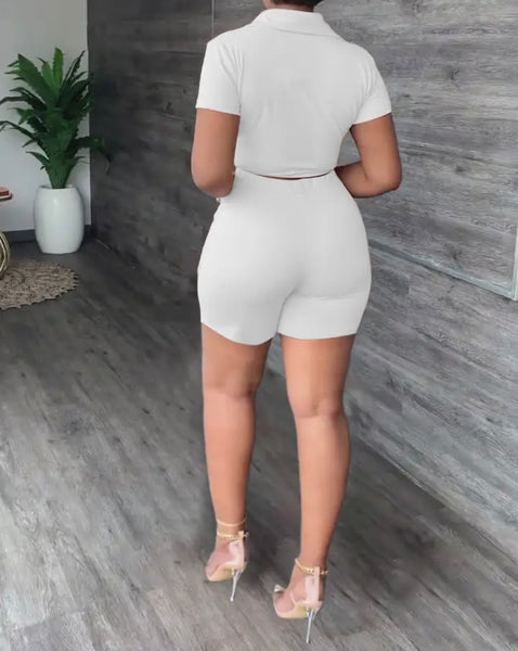 Women Button Up Solid Color Short Sleeve Two Piece Short Set