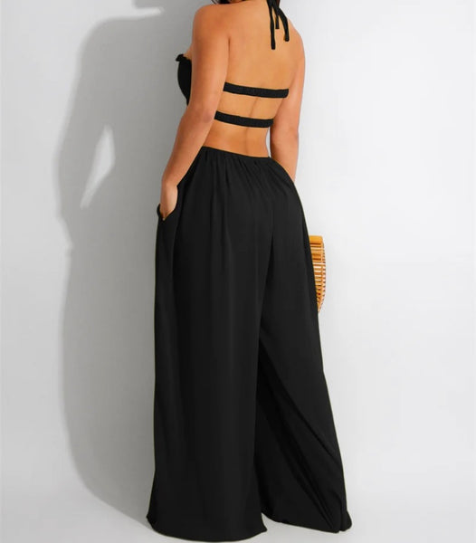 Women Sexy Sleeveless Halter Cut Out Wide Leg Jumpsuit