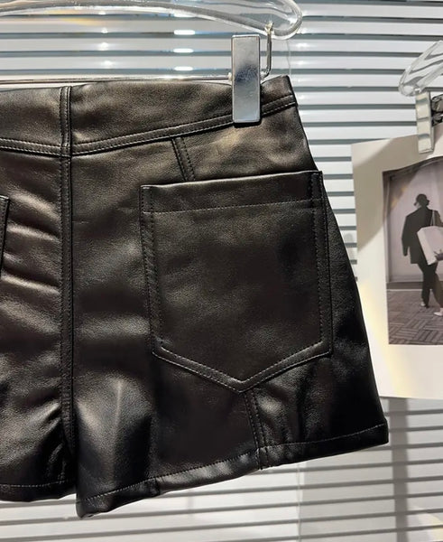 Women Faux Leather Fashion Black Wrap Shorts