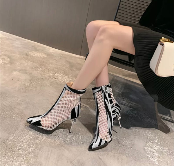 Women Printed Mesh Fashion High Heel Ankle Boots