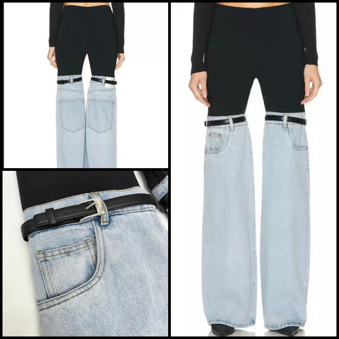 Women Fashion Belted Denim Patchwork Pants