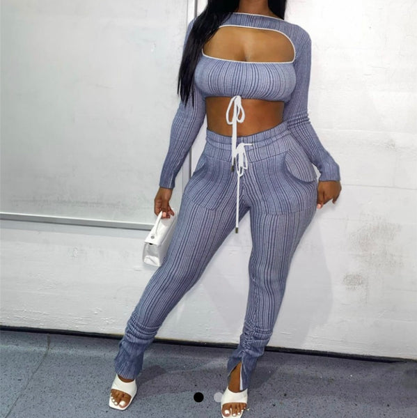 Women Sexy Striped Two Piece Crop Tie Up Pant Set